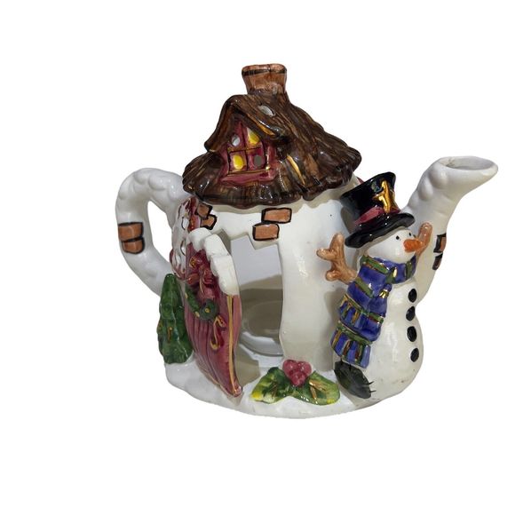 Christmas Dazzle Ceramic Teapot House Tea Light Candle Holder Snowman 9x6x5.5 - Picture 3 of 12